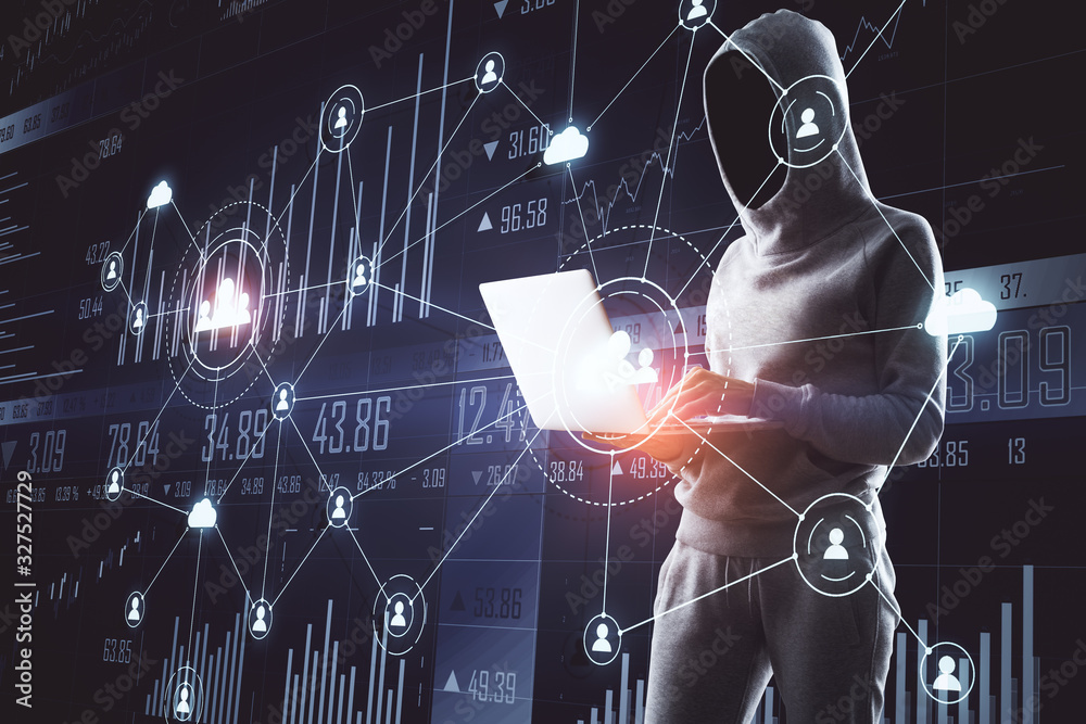 Poster hacker holding laptop with glowing human resource interface