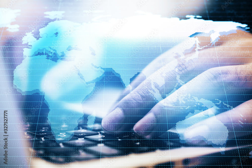 Poster hand using laptop with digital world map