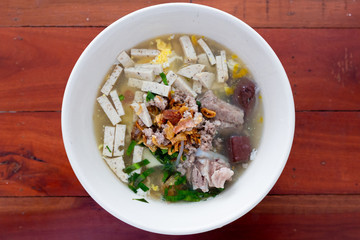 Delicious of Vietnamese noodle soup .on Wooden table.