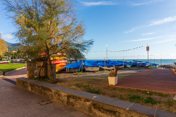 view of seafront in Riva Trigoso, Sestri Levante, Genoa 