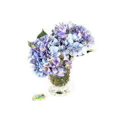 Blue hydrangea flowers in a glass vase isolated on white background