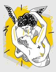 Cupids kiss sculpture. Creative geometric yellow style.