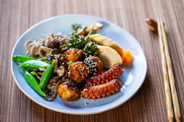Japanese bento meal with meatballs, sausage and vegetables
