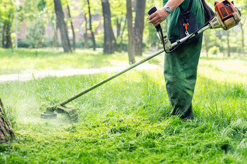 Worker mowing tall grass with electric or petrol lawn trimmer in city park or backyard. Gardening...