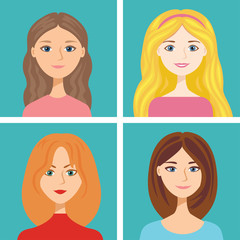 Cartoon female faces set isolated on blue background. Vector illustration of girls with different hair colors in flat style. Woman Blonde, brunette, brown-haired and red-haired. Cute avatars.