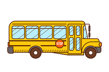 Yellow school bus vector icon on white background. Side view. - 327529577