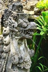 Fototapeta na wymiar Smiling stone dragon statue among lush tropical foliage outside an ancient temple in Bali Indonesia