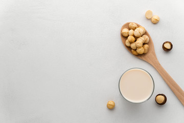 A glass of milk and a wooden spoon with macadamia nuts on a light gray concrete background. Top view, copy space. Dairy products without lactose concept.