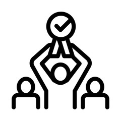 Human Winner Holding Medal Icon Thin Line Vector. Businessman Silhouette Hold Medal With Approved Mark Concept Linear Pictogram. Monochrome Outline Sign Isolated Contour Symbol Illustration