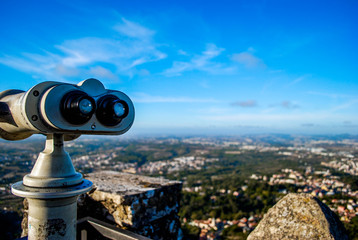 Binoculars on the observation deck in the castle of Moors