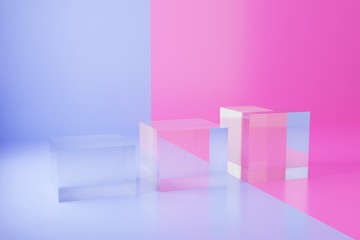 Three glass cubes on blue and pink background. Studio scene for product presentation.