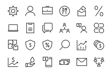 Set of business vector line icons. It contains user symbols, dollar pictograms, gears briefcase, puzzles, envelope, percentage, messages, schedule and more. Editable Bar. 460x460 pixels
