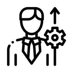 Human Productivity Growth Icon Thin Line Vector. Businessman Silhouette With Growth Arrow And Mechanical Gear Concept Linear Pictogram. Monochrome Outline Sign Isolated Contour Symbol Illustration