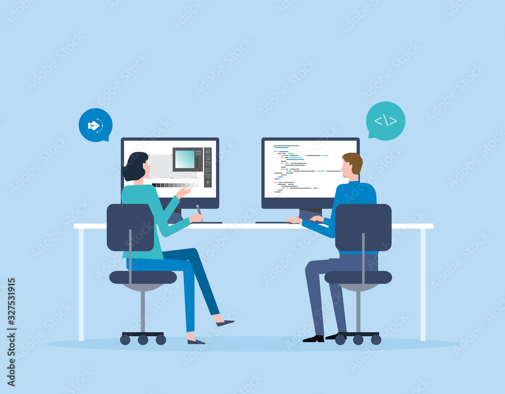 Poster web designer and  programmer team meeting and working collaboration concept