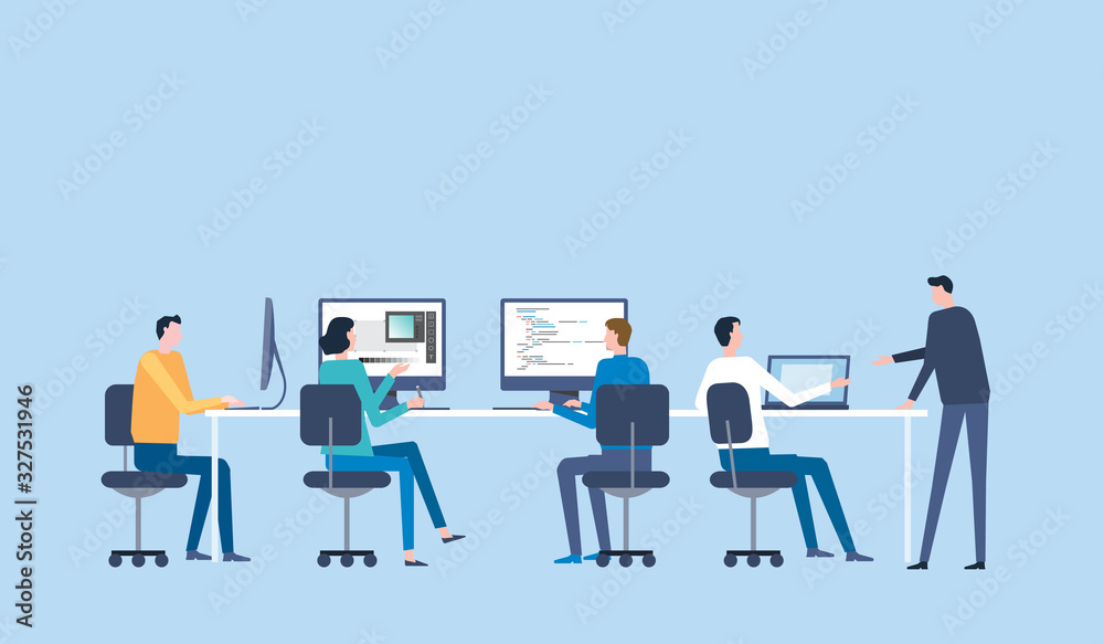 Aufkleber flat illustration group business team meeting and brainstorming for working concept