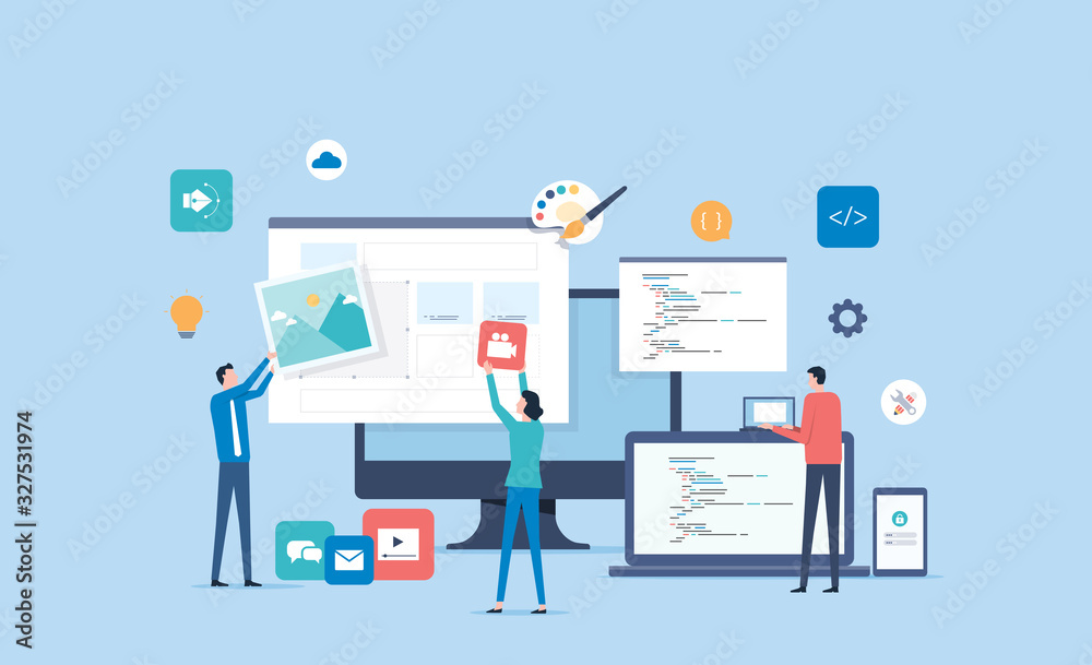 Aufkleber web design and mobile application design process concept with designer and developer team  collaboration  working concept