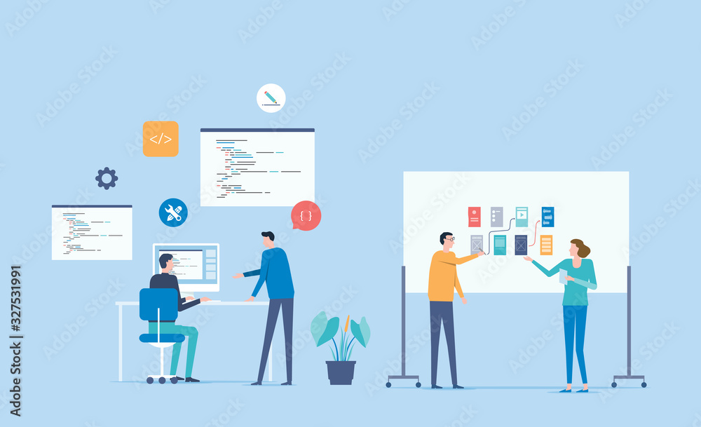 Poster web developer and  development  team  working concept 