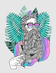 Holy Moses sculpture. Hipster portrait with glasses and tropical leaves. Summer style.
