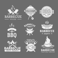 BBQ white logo templates set. Steak house, grilled meat restaurant emblems isolated on grey background pack. Roasted pork, sausage on fork stickers. Barbeque party stickers collection.