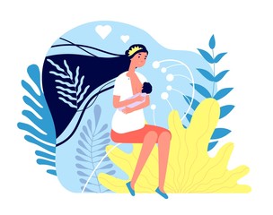 Motherhood. Mother hug child, breast feeding process. Baby eating and sleeping on mom arms. Happy woman with newborn vector illustration. Woman breastfeeding newborn, baby child