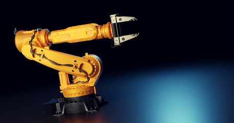 Industrial robotic arm on black. Modern heavy industry,