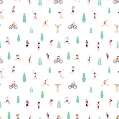 Fototapeta na wymiar Sport people pattern. People sporting street activity, miniature active persons in park seamless texture. Women men training, yoga and cycling vector. Illustration people activity in park