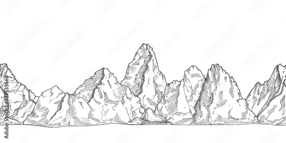 Sticker Mountain range. Outline nature drawing, pencil sketch rocky peaks panorama. Art graphics beautiful landscape vector seamless background. Rocky mountain and adventure landscape, rock peak illustration