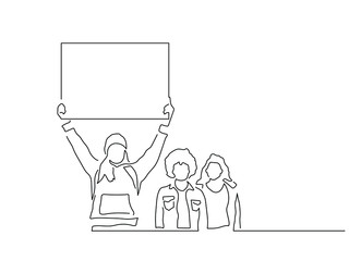 Activists holding a banner isolated line drawing, vector illustration design. Activism collection.