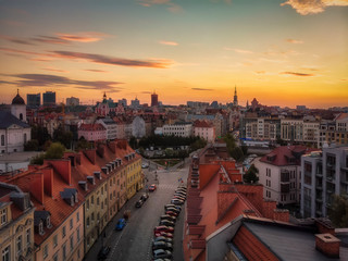 Poznań, Chwaliszewo z lotu ptaka po zachodzie słońca