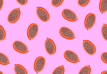 Seamless abstract pattern of chubby papaya on pink. Hand drawn illustration in trendy offhand style. Vector decorative background, good for fabric, print and wallpaper