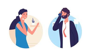 People talking phone. Man and woman have conversation. Business dialog. Couple in love, wife and husband vector illustration. Speech conversation dialog man and woman, girlfriend boyfriend