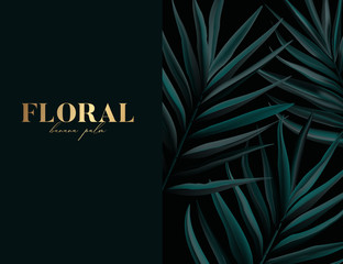 Wild macro palm pattern design with gold letters art. Trendy presentation notebook cover. Simple watercolor flyer cover template. Vector