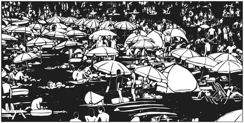 Illustration of crowded summer beach in black and white relief print style