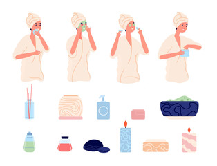 Skin care routine. Skincare, face caring. Spa cosmetics treatment with cleaning and moisturizer cream scrub. Beauty procedures vector set. Woman face hygiene, wash facial mask procedure illustration