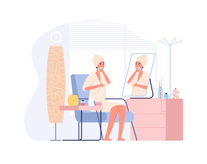 Daily skin care. Home skincare, moisture young girl face. Lady sitting front of mirror, women morning routine. Adult hygiene vector concept. Lady in take off make-up from face illustration