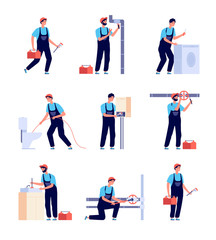 Plumbers. Fixing plumbing, house heating equipment repair and pipes. Water service installing and supply. Isolated handymans vector set. Repair service plumbing, handyman fix illustration