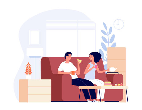 Tea Time. Young Couple Talking, Drinks And Eat. Apartment Room, Friend Evening With Cookie And Coffee. Cozy Hygge Home Vector Illustration. Couple Young Talking And Drink Tea With Cake