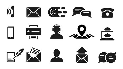 Contact information icons. Black finance website, business or social media or mobile support symbols. Isolated interface vector elements. Communication phone contact, message illustration