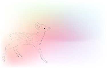 写実的な動物イラスト：玉虫色の背景：小鹿の横姿