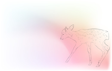 写実的な動物イラスト：玉虫色の背景：小鹿の歩く姿