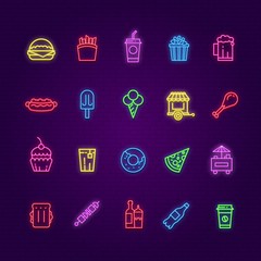 Food neon icons. Burger, ice cream and drinks, hot dog and pizza color sign. Night bar or restaurant or cafe glowing vector symbols. Neon food burger, drink and hamburger illustration