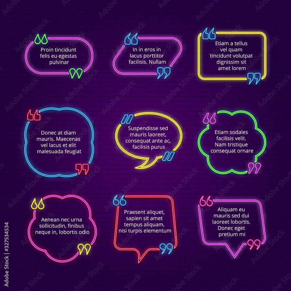 Poster neon text bubble. quote frames with commas, text and direct speech vector template. illustration com