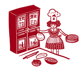 drawing picture cheerful girl cook in the kitchen with a huge antique sideboard, rolls the dough and bakes pies, sketch, hand drawn vector comic illustration