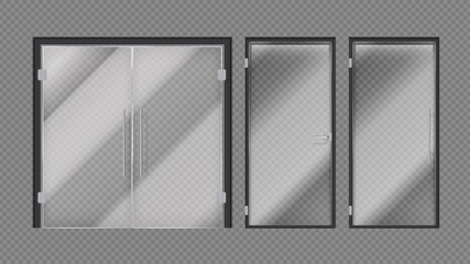 Realistic glass doors. Shopping mall, stores or office building entrance. Exterior interior modern elements with metal door handles vector illustration. Entrance glass exterior door, office and shop