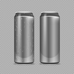Steel cans. Aluminium bottles for beer, lemonade or soda or energy drink. Metal package with water drops realistic vector mockup. Steel bottle beer or soda, water in aluminium silver can illustration