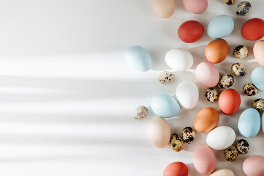 Natural Colored brown, quail and white Eggs with sunlights. Compositions in pastel colors. Easter consept.  Flat lay, top view .