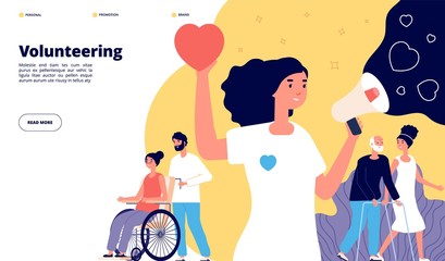 Volunteering page. Charity community, organization volunteer groups. People together activity, social help. Nonprofit helping vector concept. Charity volunteer, volunteering organization illustration