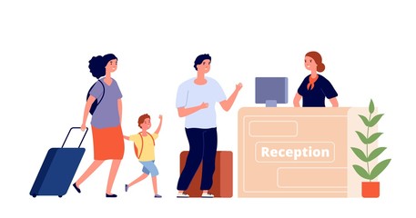 Reception desk. Hotel area, travel family and receptionist. Man woman guest in lobby. Check in, accommodation services vector illustration. Family reception lobby, reservation hotel