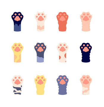 Cat foots. Animal paws close up. Flat wild kitty footprints with claws. Cute cartoon pet legs icons. Wild leopard or tiger foot vector set. Animal paw cat, kitten fur, leopard pattern illustration