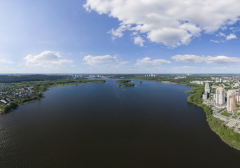 Aerial view of Iset river in Ekaterinburg city. Summer day, sunny